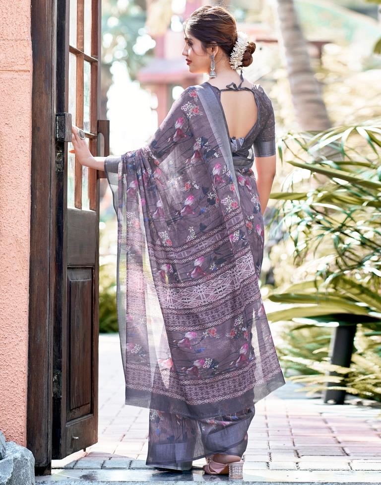 Dusty Pink Linen Printed Saree