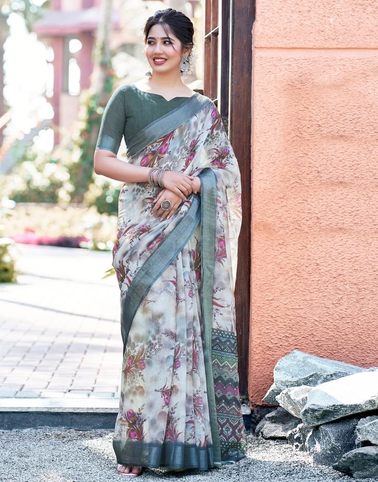 Grey Linen Printed Saree