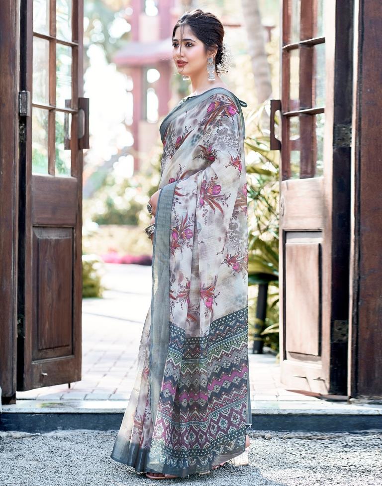 Grey Linen Printed Saree