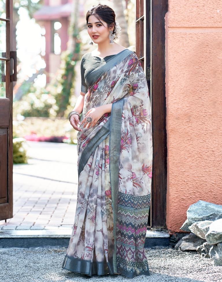 Grey Linen Printed Saree