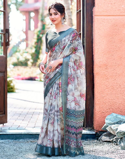 Grey Linen Printed Saree