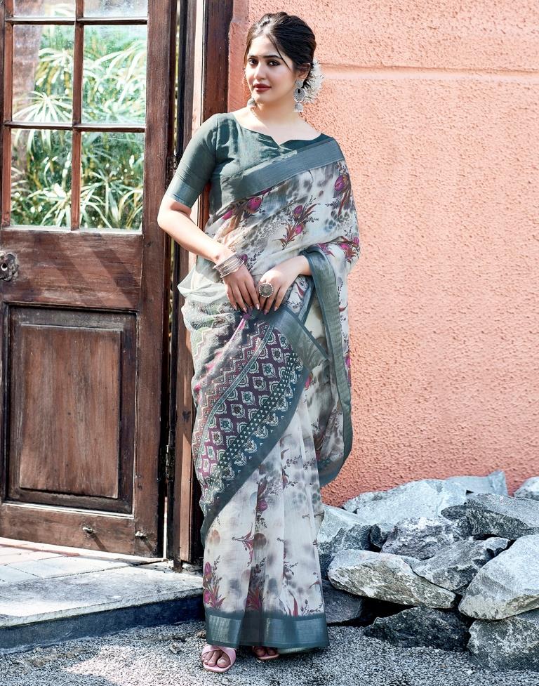 Grey Linen Printed Saree