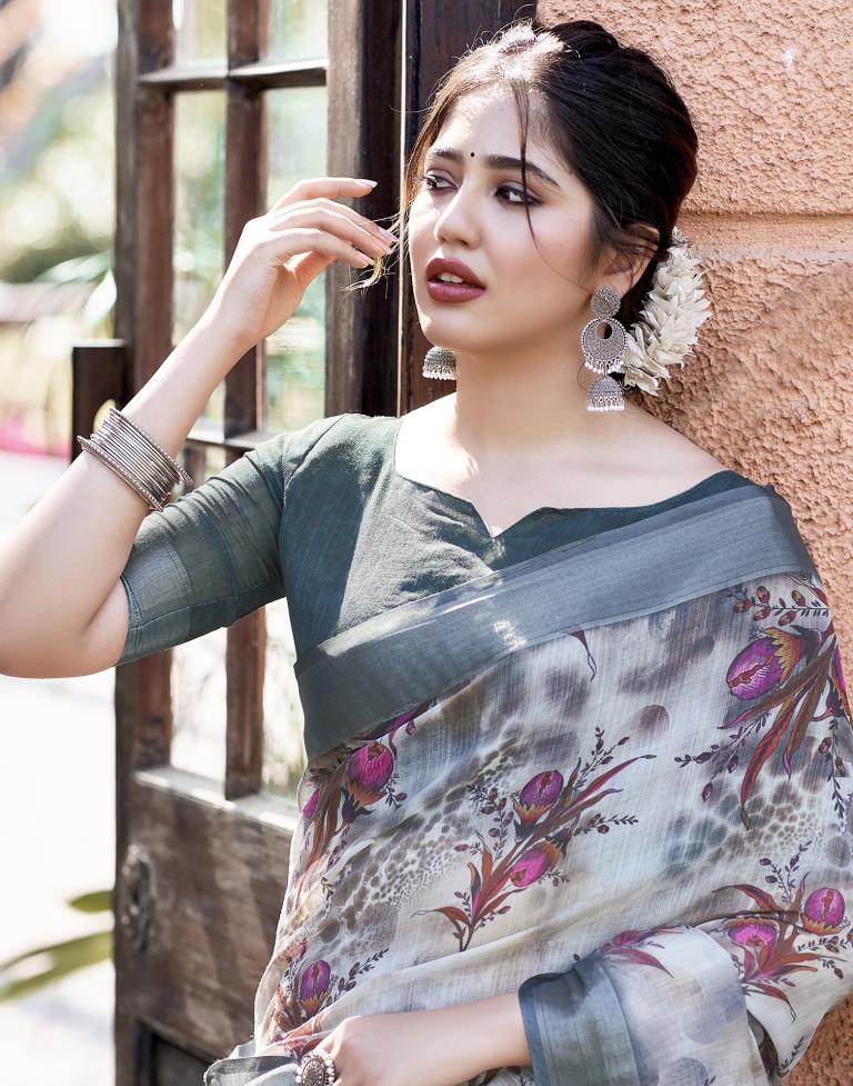 Grey Linen Printed Saree