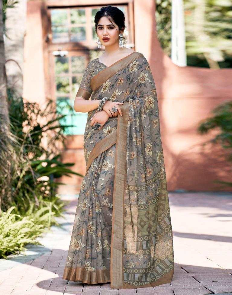 Brown Linen Printed Saree