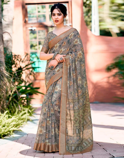 Brown Linen Printed Saree