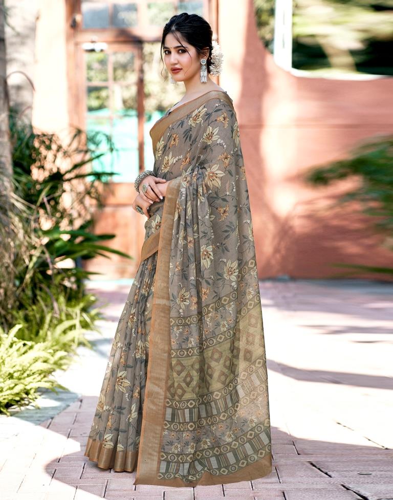 Brown Linen Printed Saree