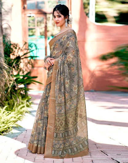 Brown Linen Printed Saree