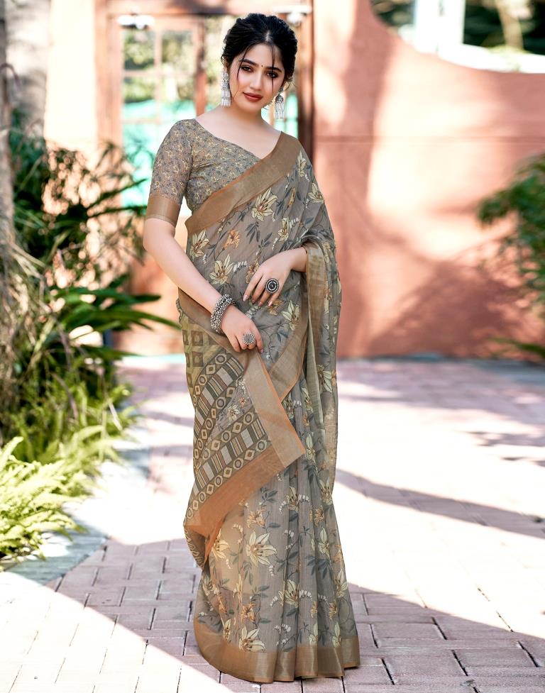 Brown Linen Printed Saree