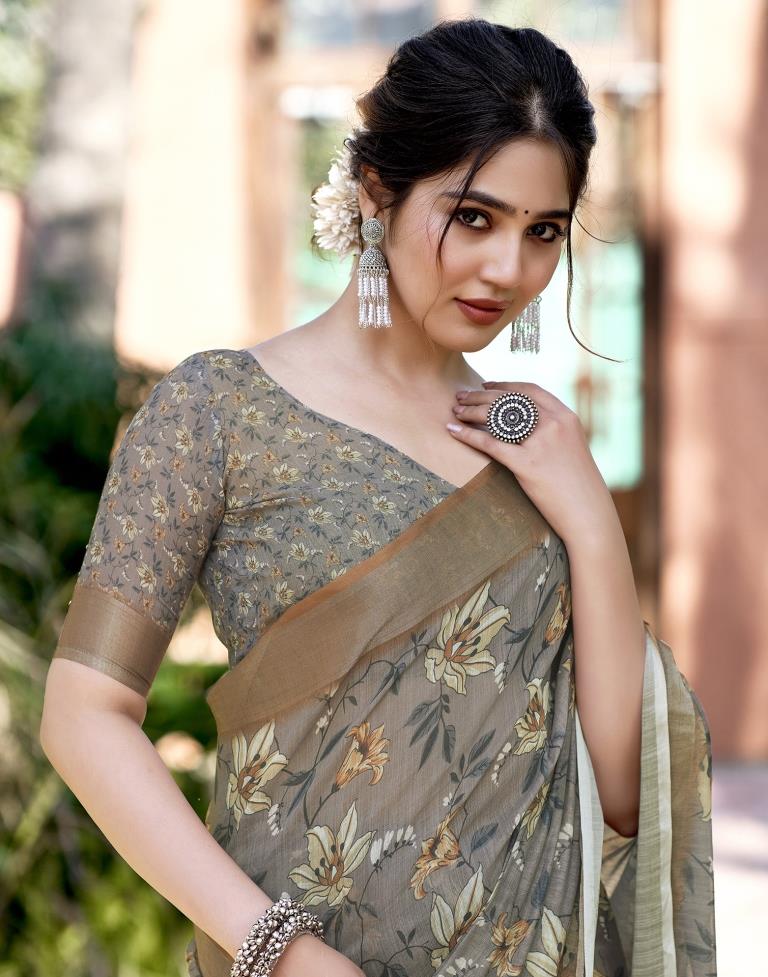 Brown Linen Printed Saree