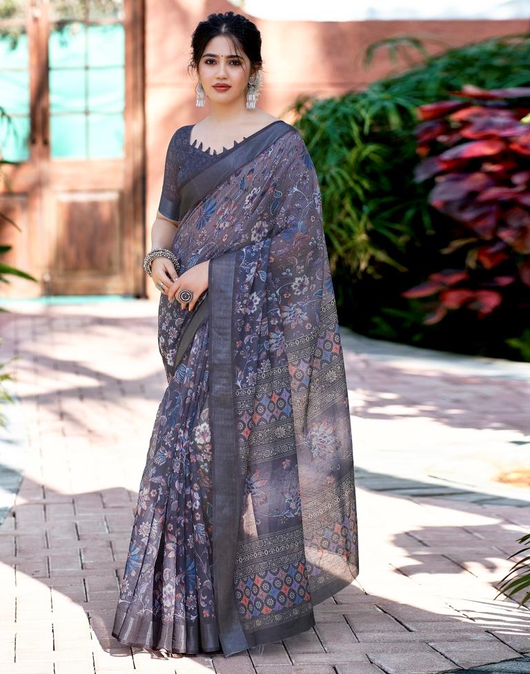 Grey Linen Printed Saree