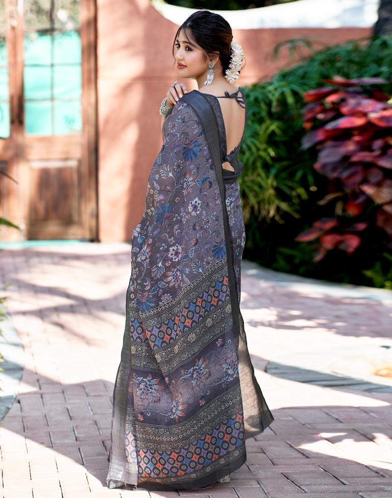 Grey Linen Printed Saree