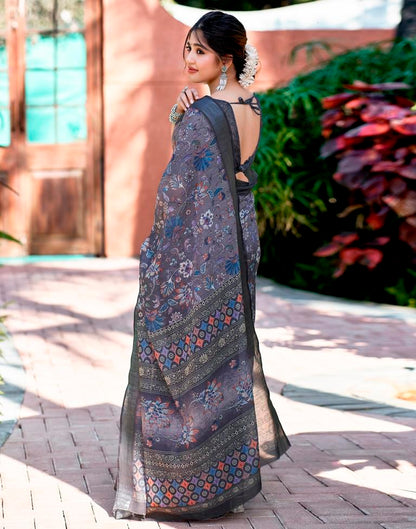 Grey Linen Printed Saree