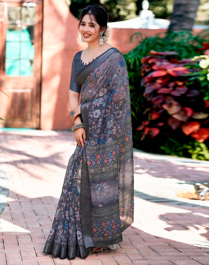 Grey Linen Printed Saree