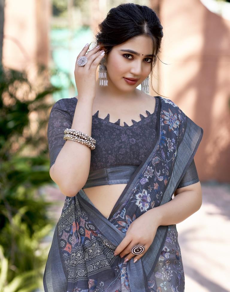 Grey Linen Printed Saree