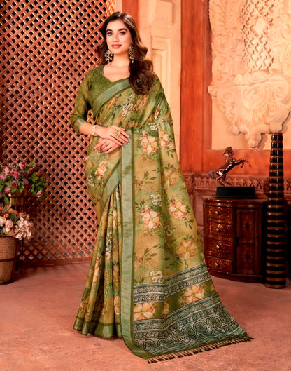 Olive Green Linen Printed Saree