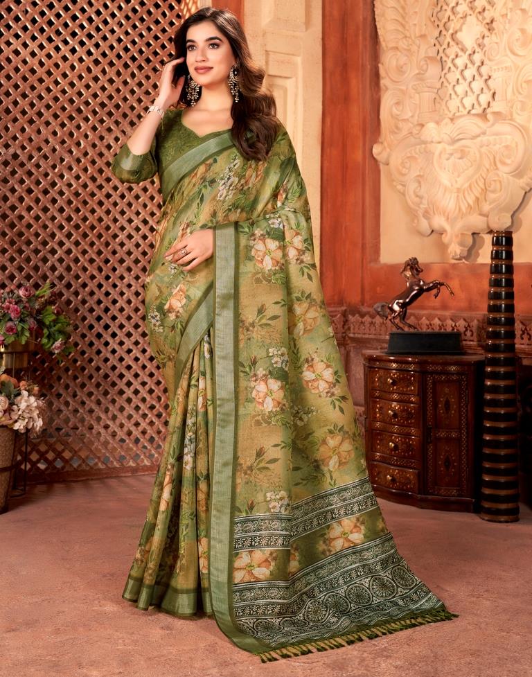 Olive Green Linen Printed Saree