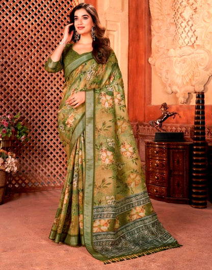 Olive Green Linen Printed Saree