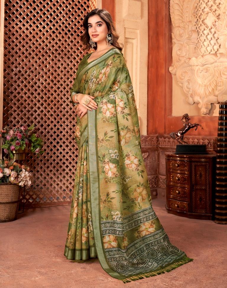 Olive Green Linen Printed Saree