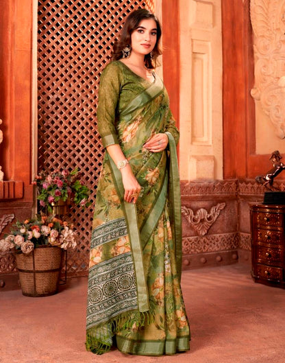 Olive Green Linen Printed Saree