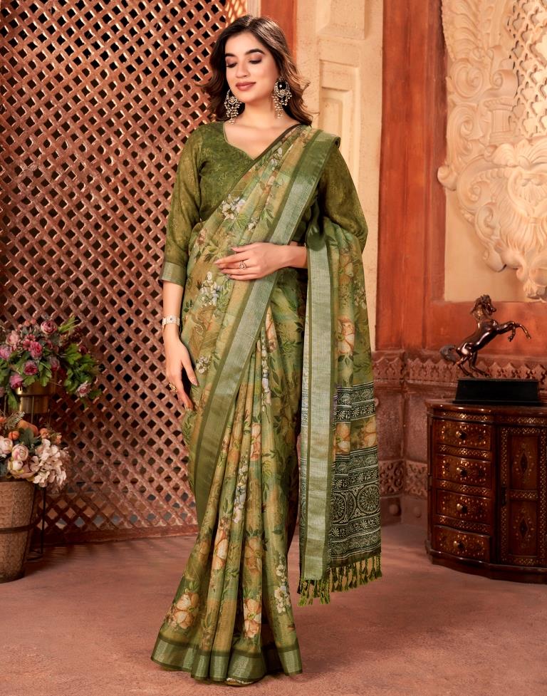 Olive Green Linen Printed Saree