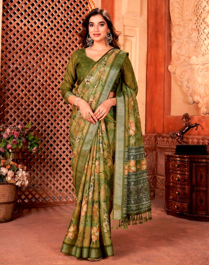 Olive Green Linen Printed Saree