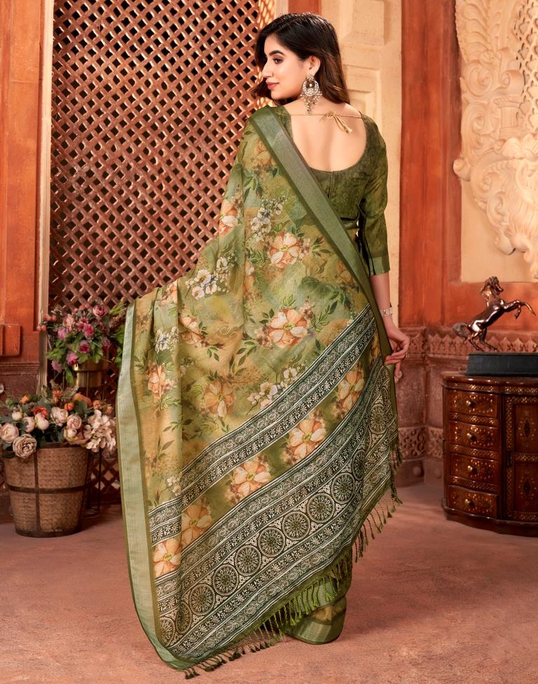 Olive Green Linen Printed Saree