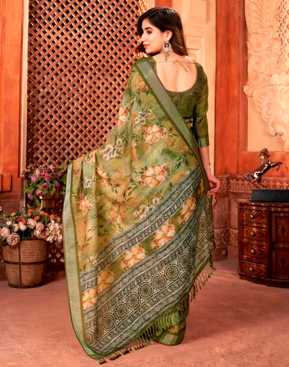 Olive Green Linen Printed Saree