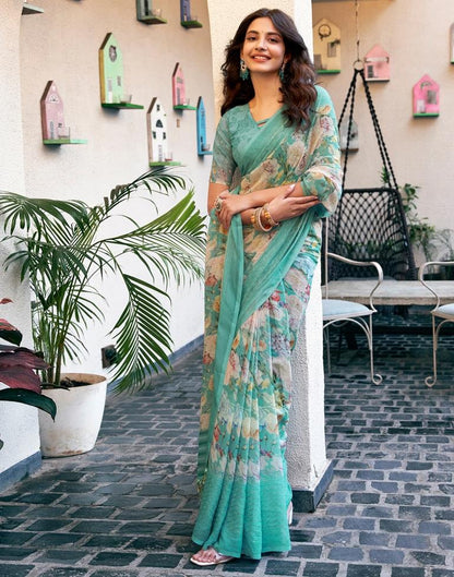 Turquoise Georgette Printed Saree