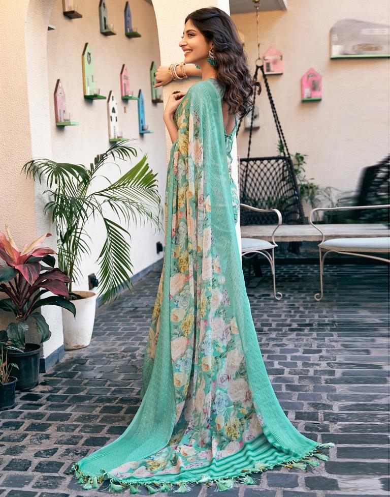 Turquoise Georgette Printed Saree