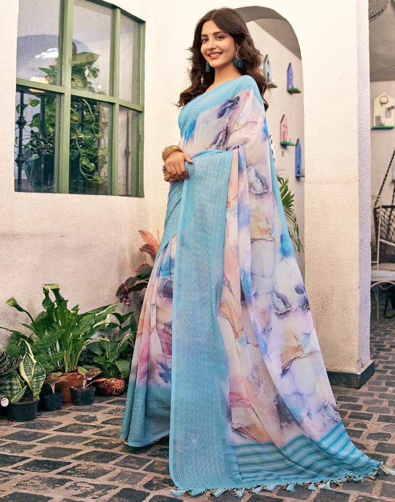 Sky Blue Georgette Printed Saree