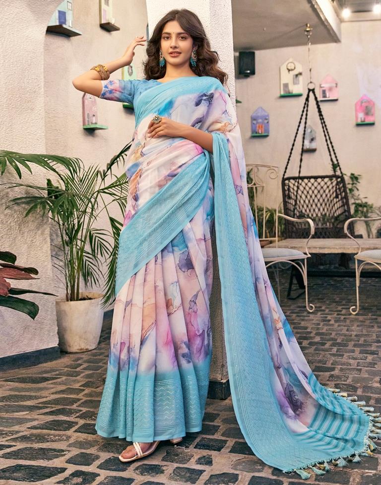 Sky Blue Georgette Printed Saree