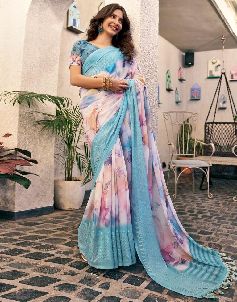 Sky Blue Georgette Printed Saree