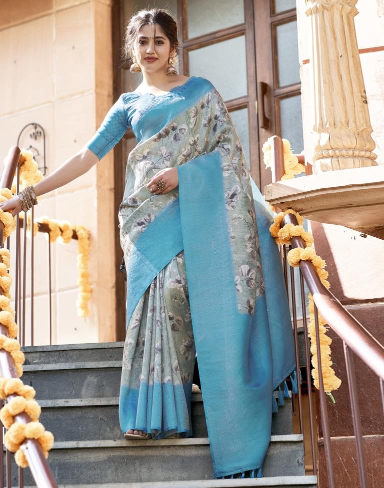 Dusty Green Silk Printed Saree