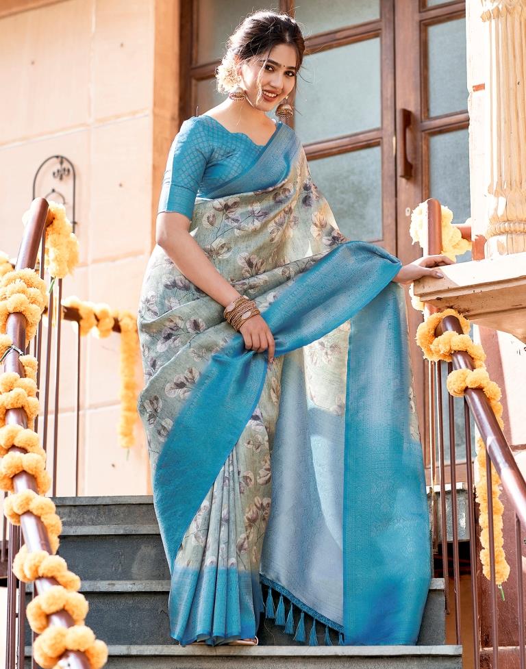 Dusty Green Silk Printed Saree