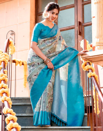 Dusty Green Silk Printed Saree