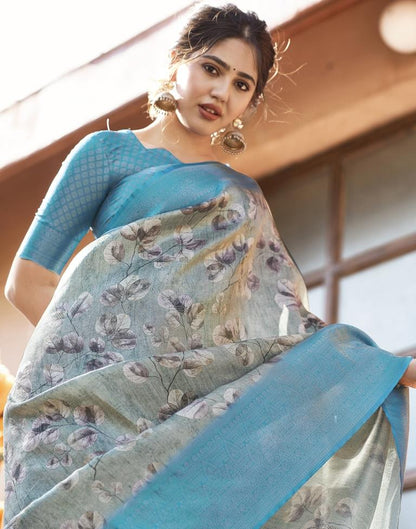 Dusty Green Silk Printed Saree