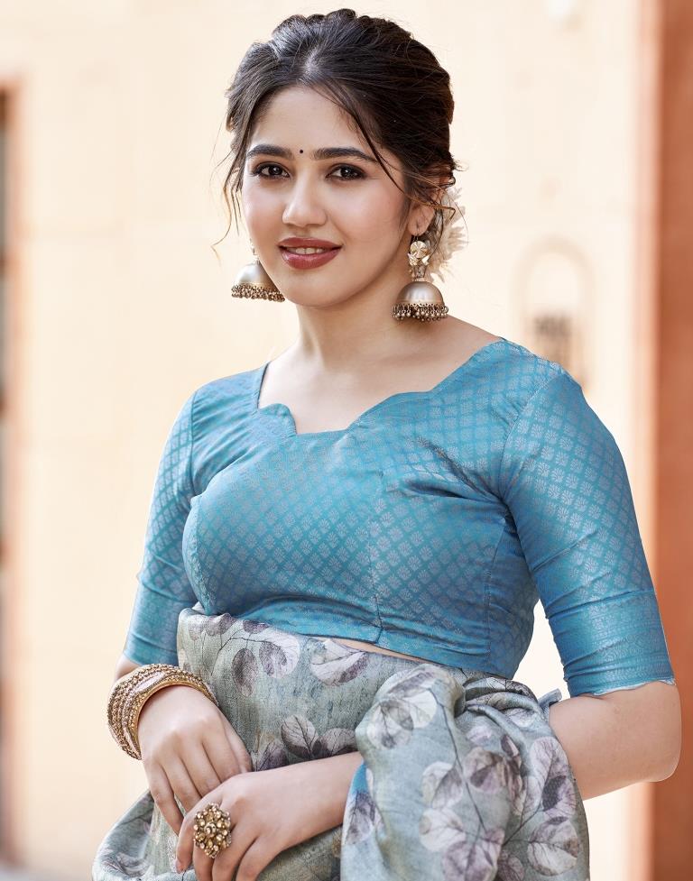 Dusty Green Silk Printed Saree