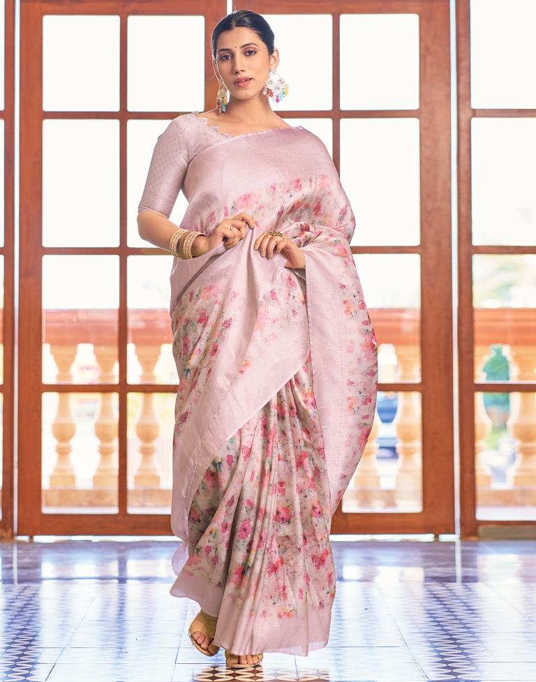 Light Pink Silk Printed Saree