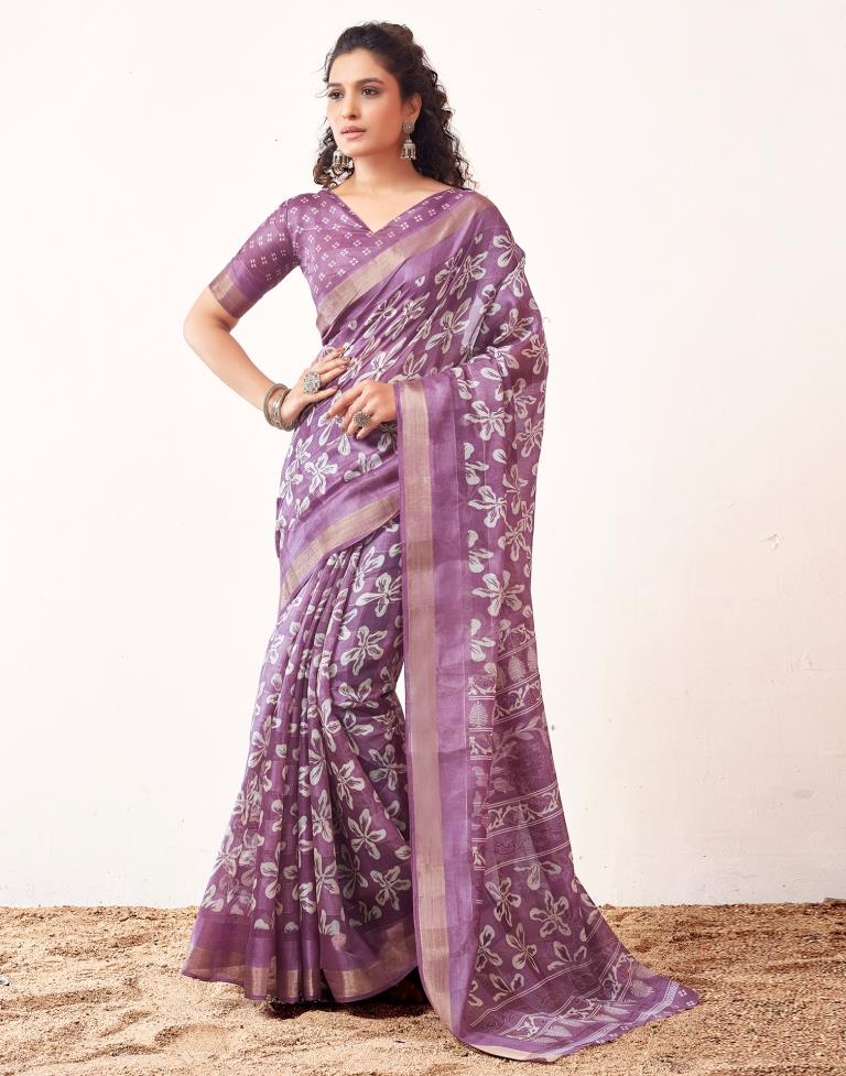 Lavender &amp; White Cotton Printed Saree