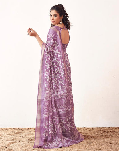 Lavender &amp; White Cotton Printed Saree