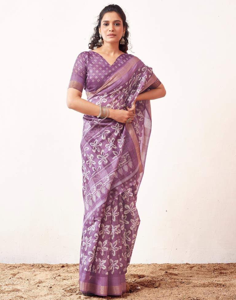 Lavender &amp; White Cotton Printed Saree