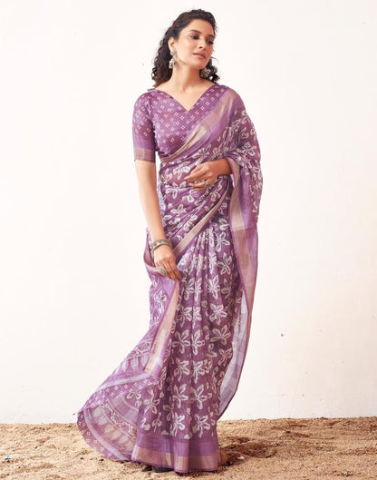 Lavender &amp; White Cotton Printed Saree