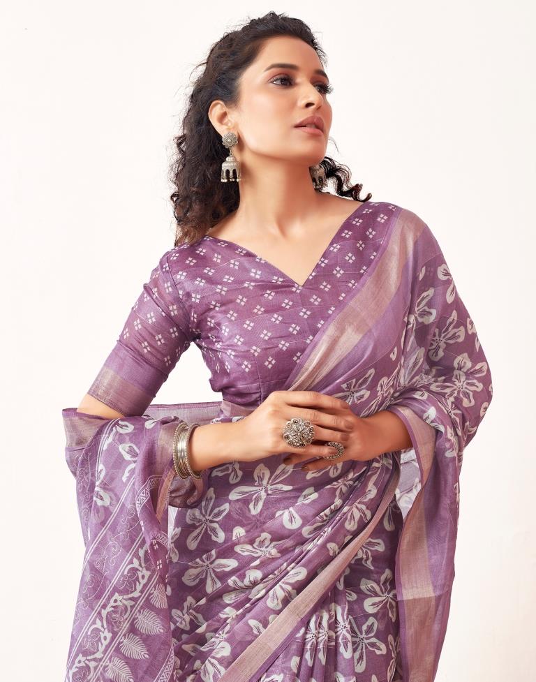 Lavender &amp; White Cotton Printed Saree