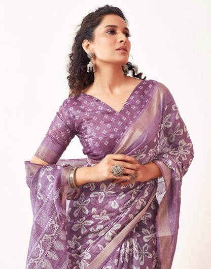 Lavender &amp; White Cotton Printed Saree