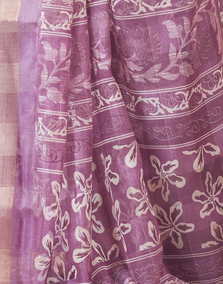 Lavender &amp; White Cotton Printed Saree