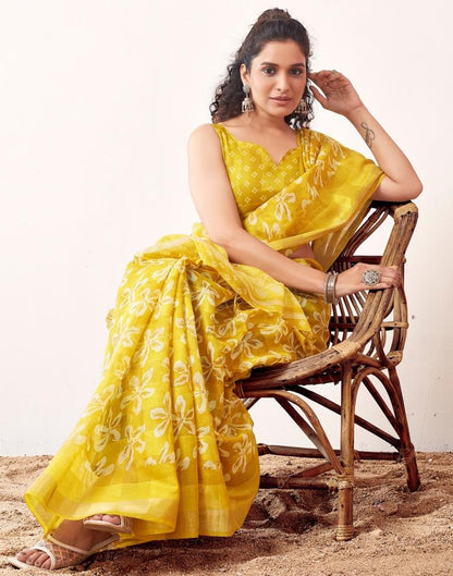 Yellow Cotton Printed Saree