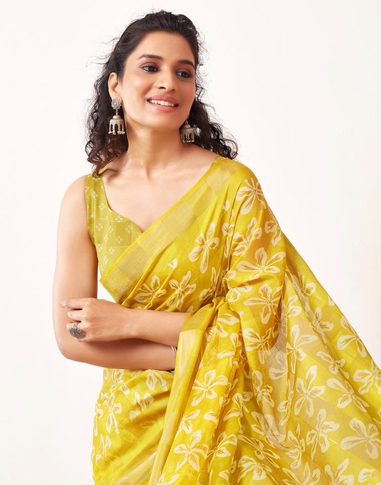 Yellow Cotton Printed Saree