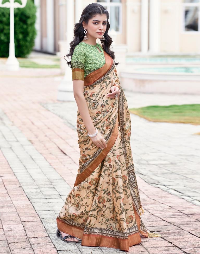 Beige Silk Printed Saree