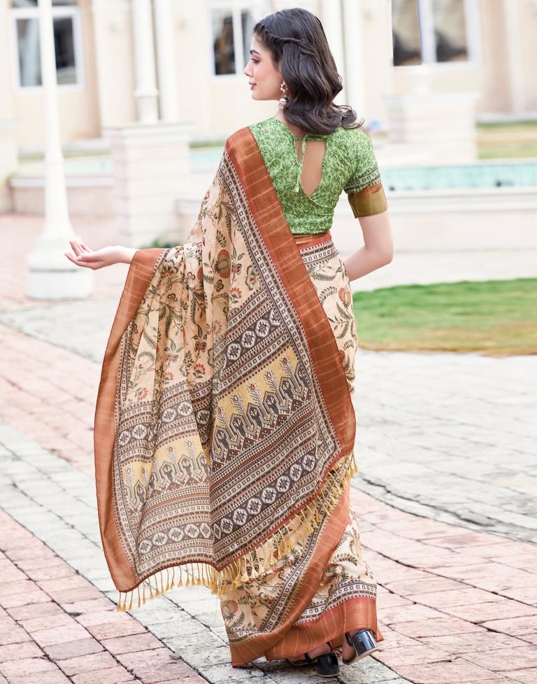 Beige Silk Printed Saree