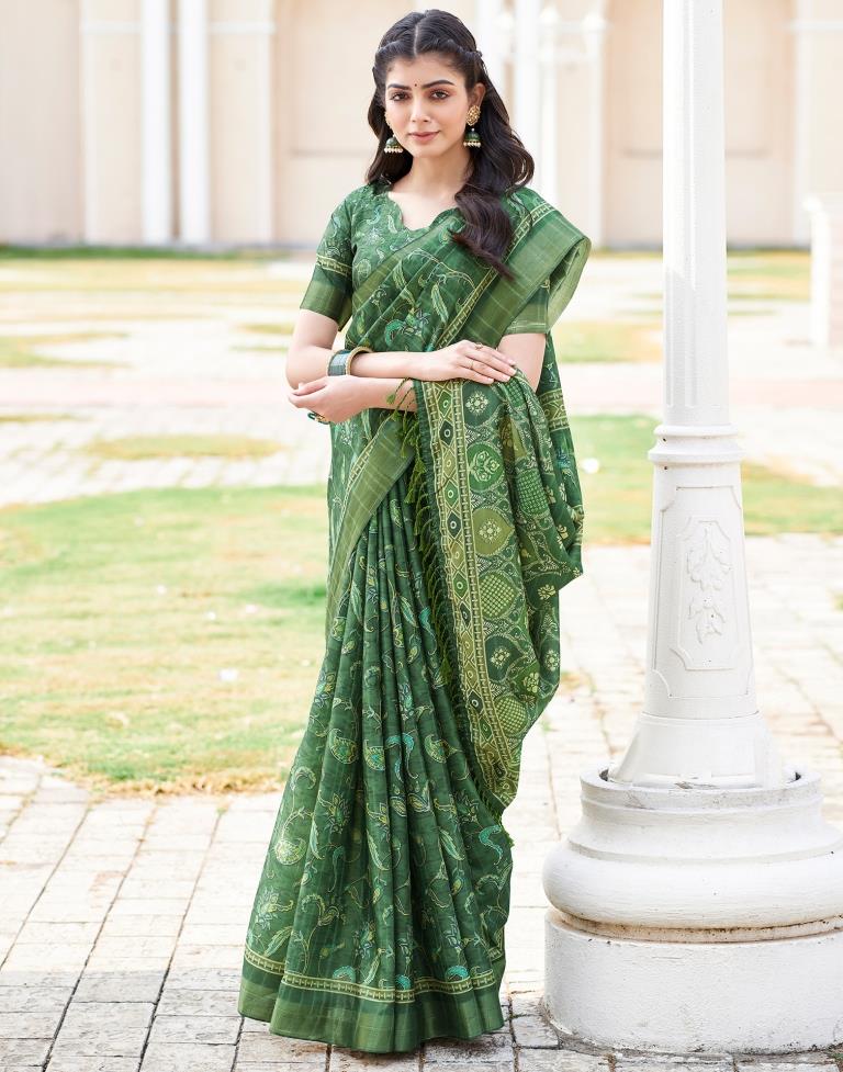 Dark Green Silk Printed Saree